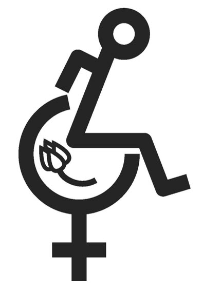 logo = combinatie van symbool voor vrouw en rolstoelgebruikster, witte tulp in het wiel