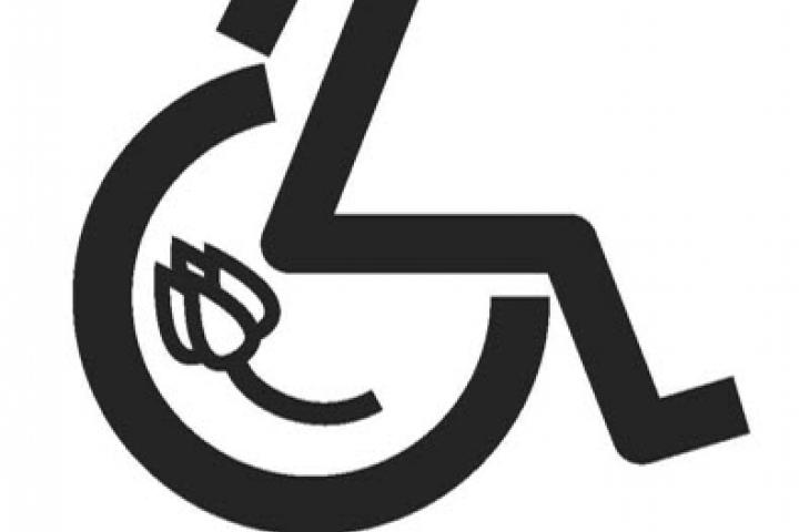 logo = combinatie van symbool voor vrouw en rolstoelgebruikster, witte tulp in het wiel